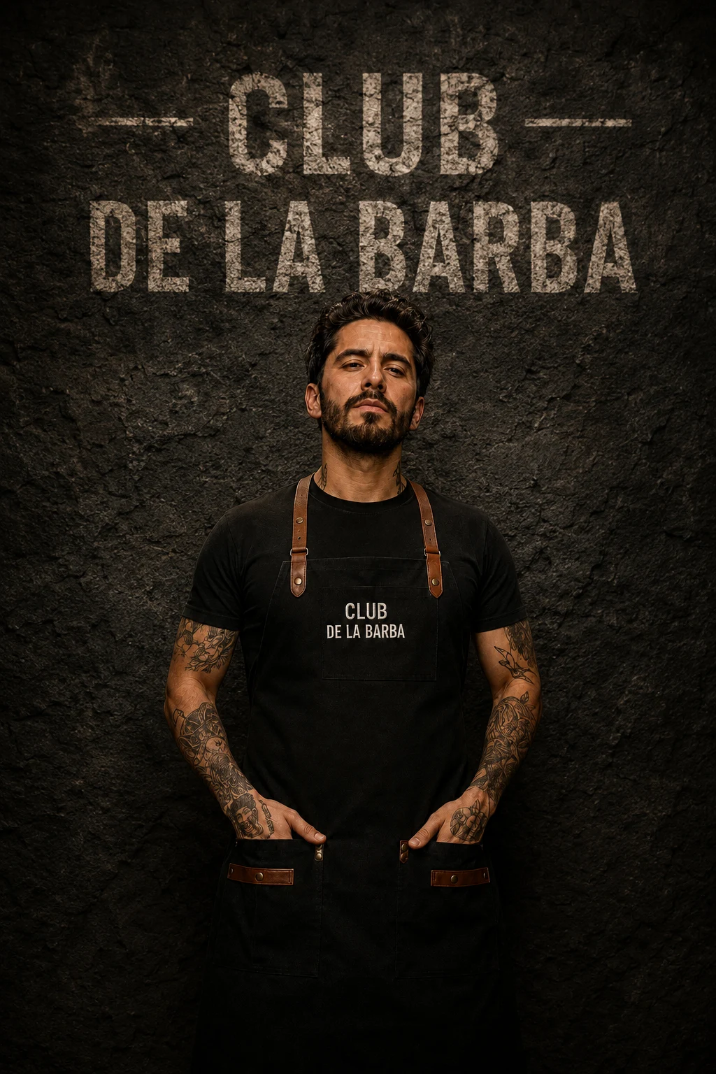 Retrato editorial de un barbero con tatuajes y pechera del Club, frente a una pared de piedra con la marca pintada